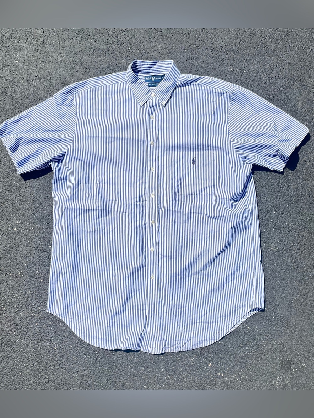 Vintage Ralph Lauren Blue White Striped Short-Sleeve Button-Down Shirt Size XLT